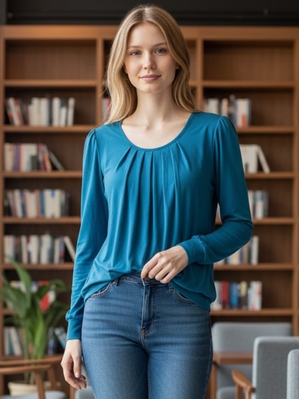 Timeson Teal Long-Sleeve Pleated Women's Top Large